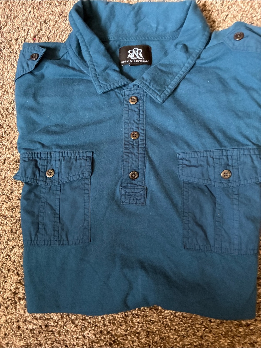 Rock & Republic Men's Teal-Blue Polo Shirt with Chest Pockets
